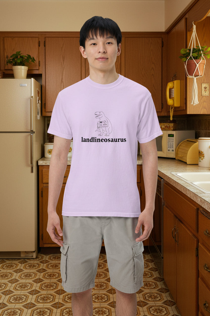 Wayward.biz Landlineosaurus unisex garment-dyed heavyweight T-shirt in orchid, front view showcasing soft fabric and relaxed fit.