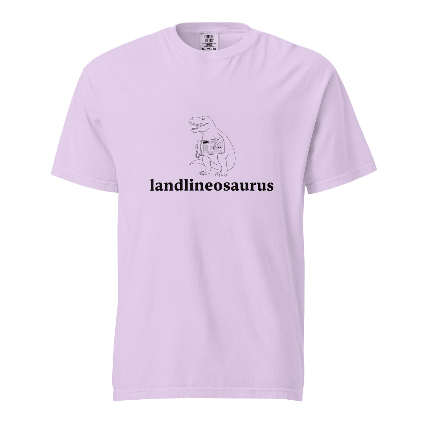 Wayward.biz Landlineosaurus unisex garment-dyed heavyweight T-shirt in orchid, front view showing soft fabric and relaxed fit.