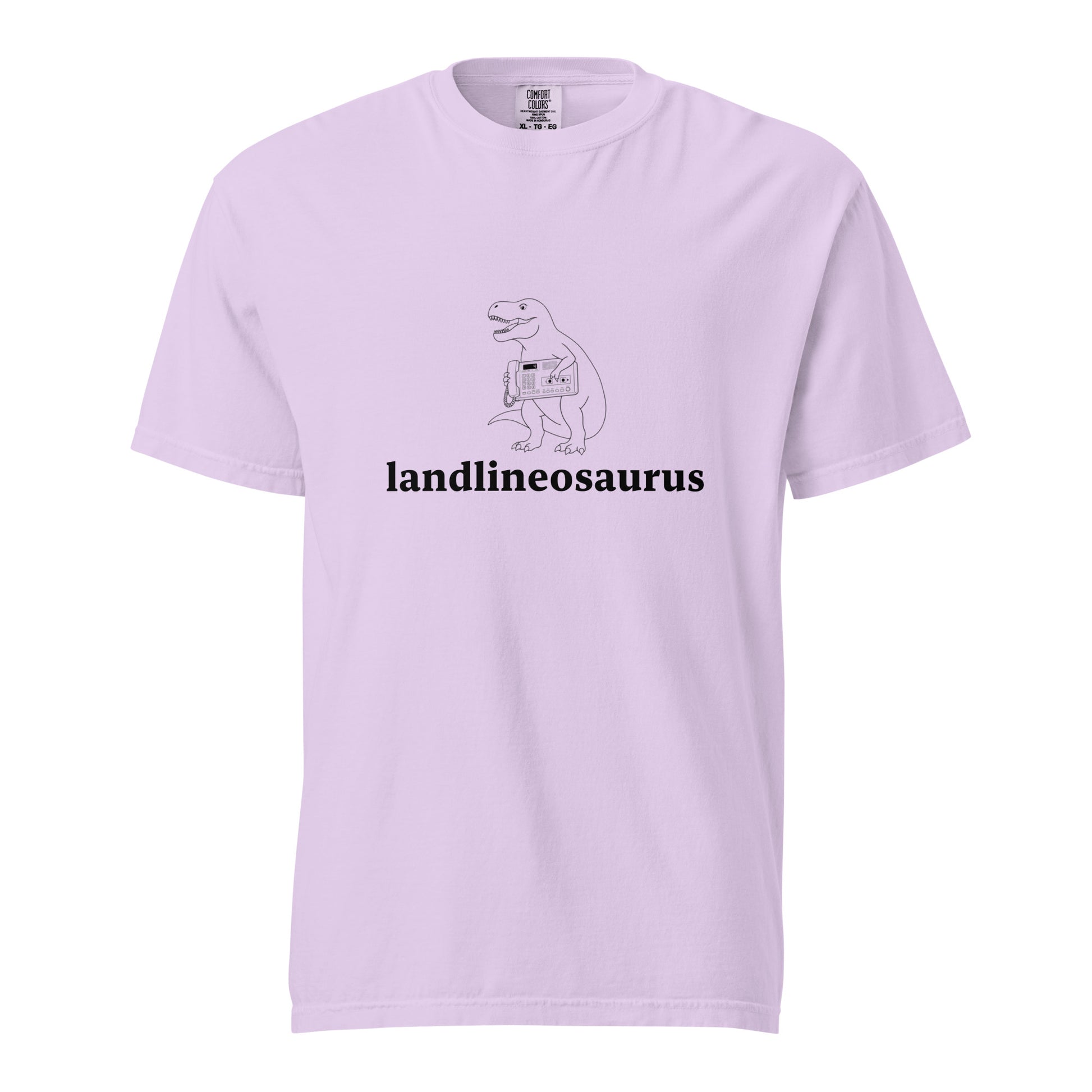 Wayward.biz Landlineosaurus unisex garment-dyed heavyweight T-shirt in orchid, front view showing soft fabric and relaxed fit.