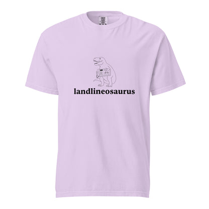 Wayward.biz Landlineosaurus unisex garment-dyed heavyweight T-shirt in orchid, front view showing soft fabric and relaxed fit.