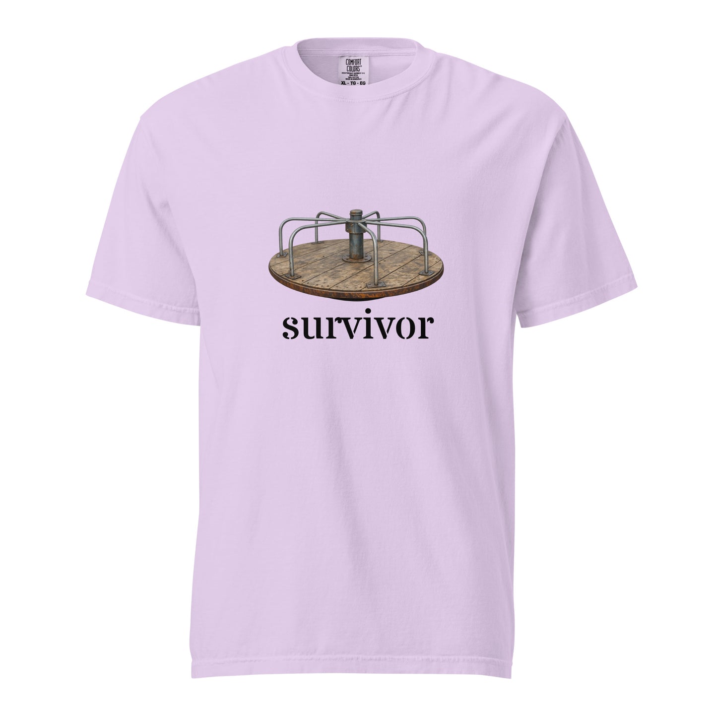 Unisex garment-dyed heavyweight T-shirt in orchid color with a simple front design, from Wayward.biz.
