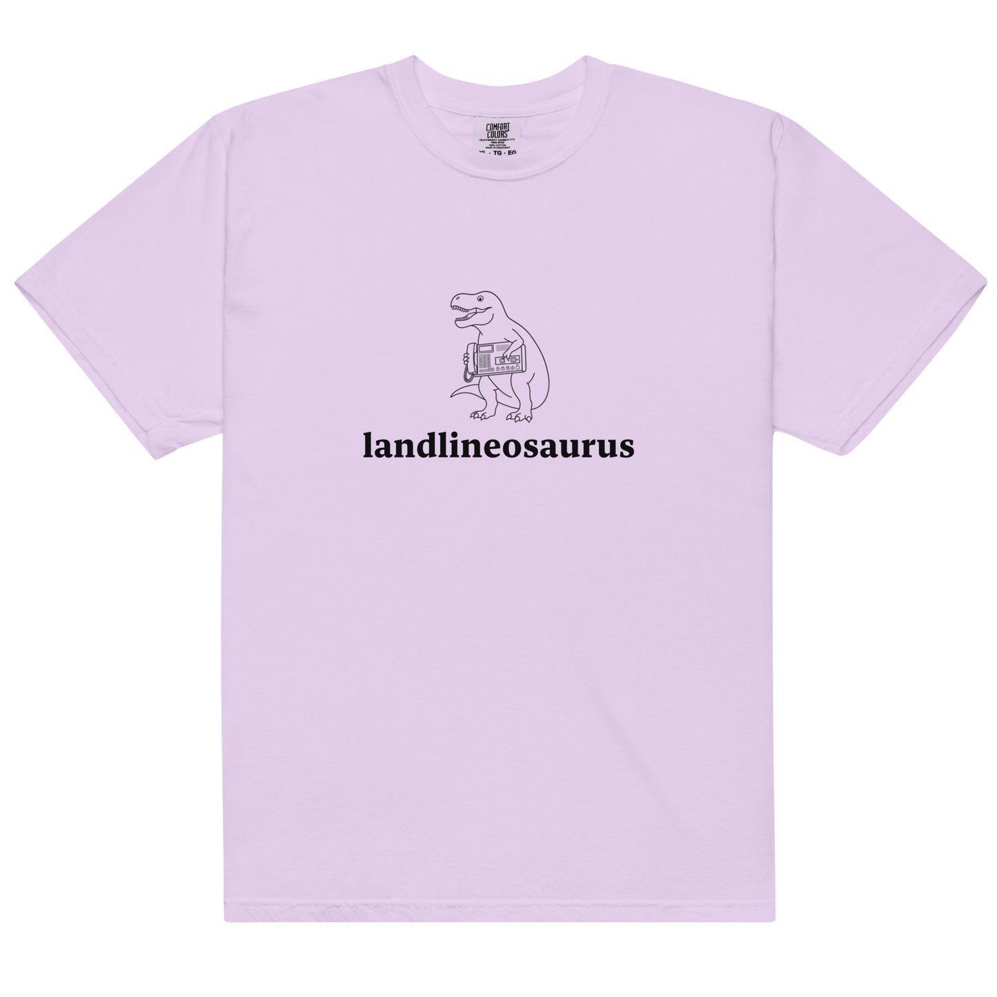 Unisex Landlineosaurus heavyweight garment-dyed T-shirt in orchid color, front view, soft and durable casual wear by wayward.biz