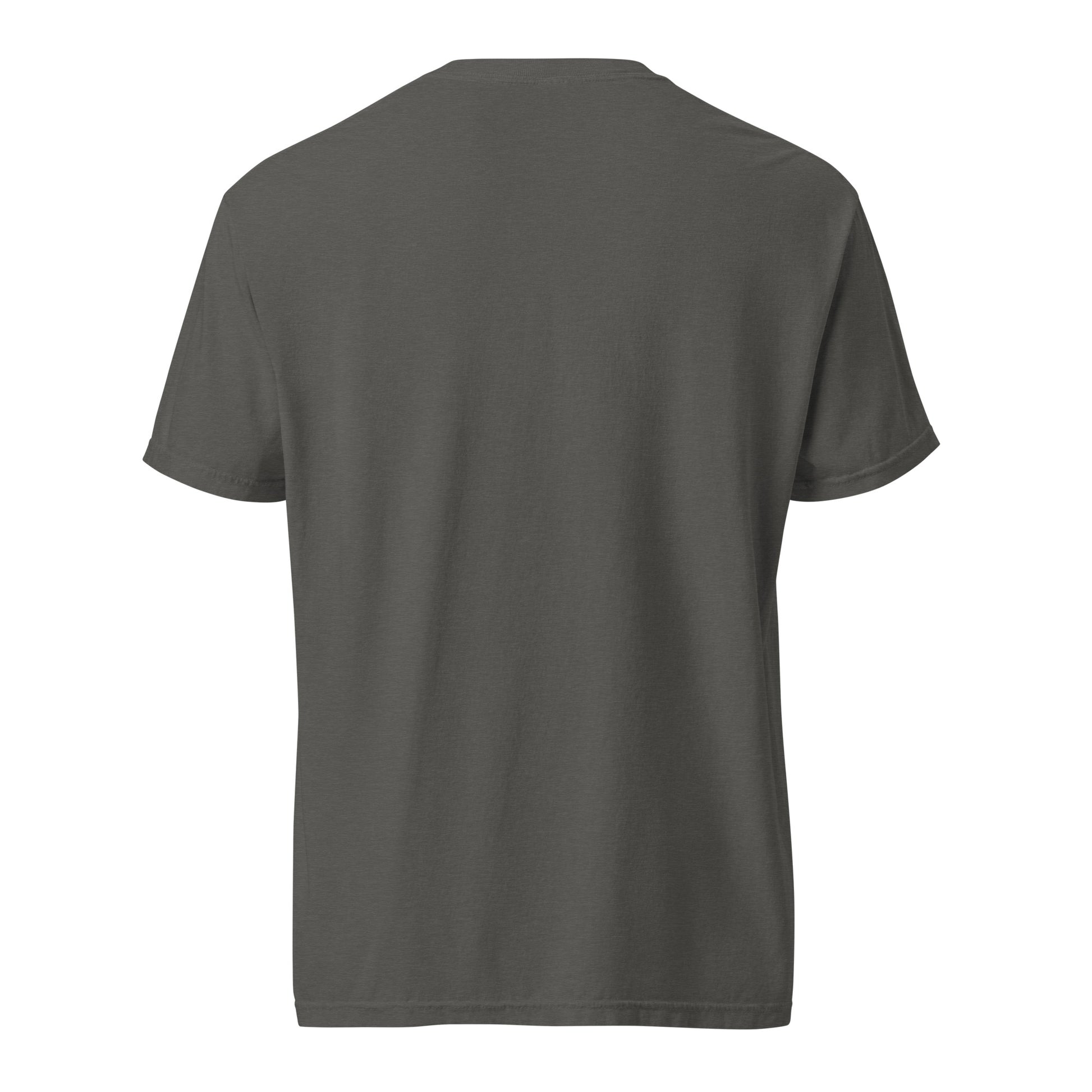 Unisex garment-dyed heavyweight T-shirt by Wayward.biz with "Old enough to remember" print, shown from the back in pepper color.