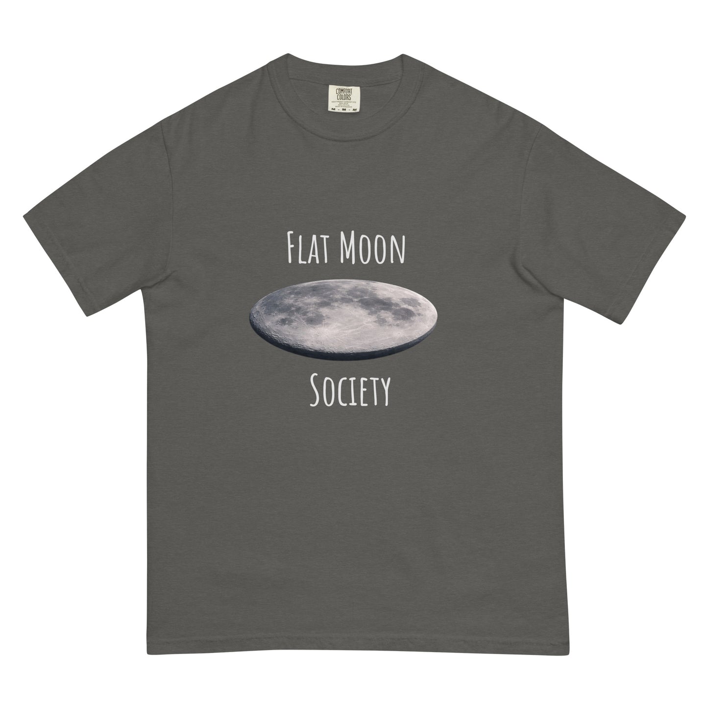 Unisex garment-dyed heavyweight T-shirt by Flat Moon Society in dark pepper color, shown from the front.