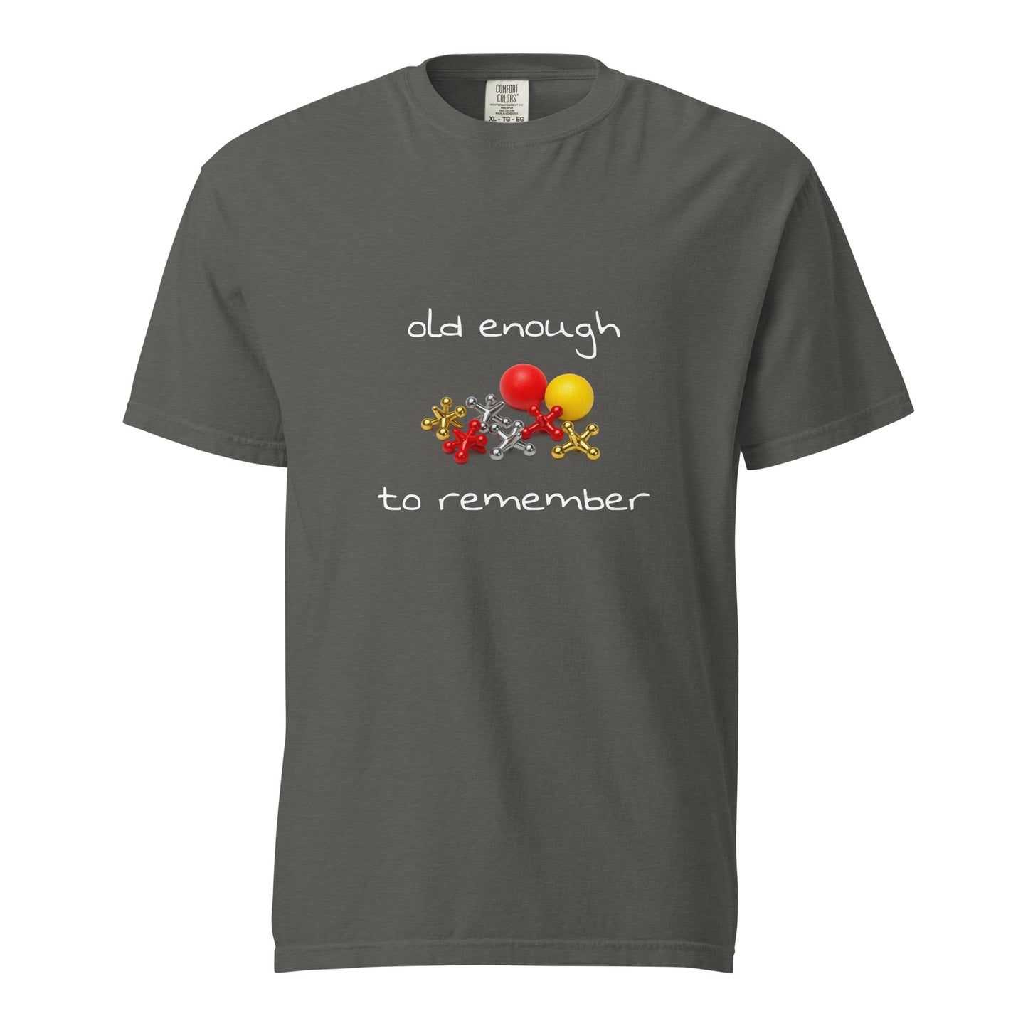 Unisex garment-dyed heavyweight Jacks T-shirt in pepper color with front design, made by wayward.biz.