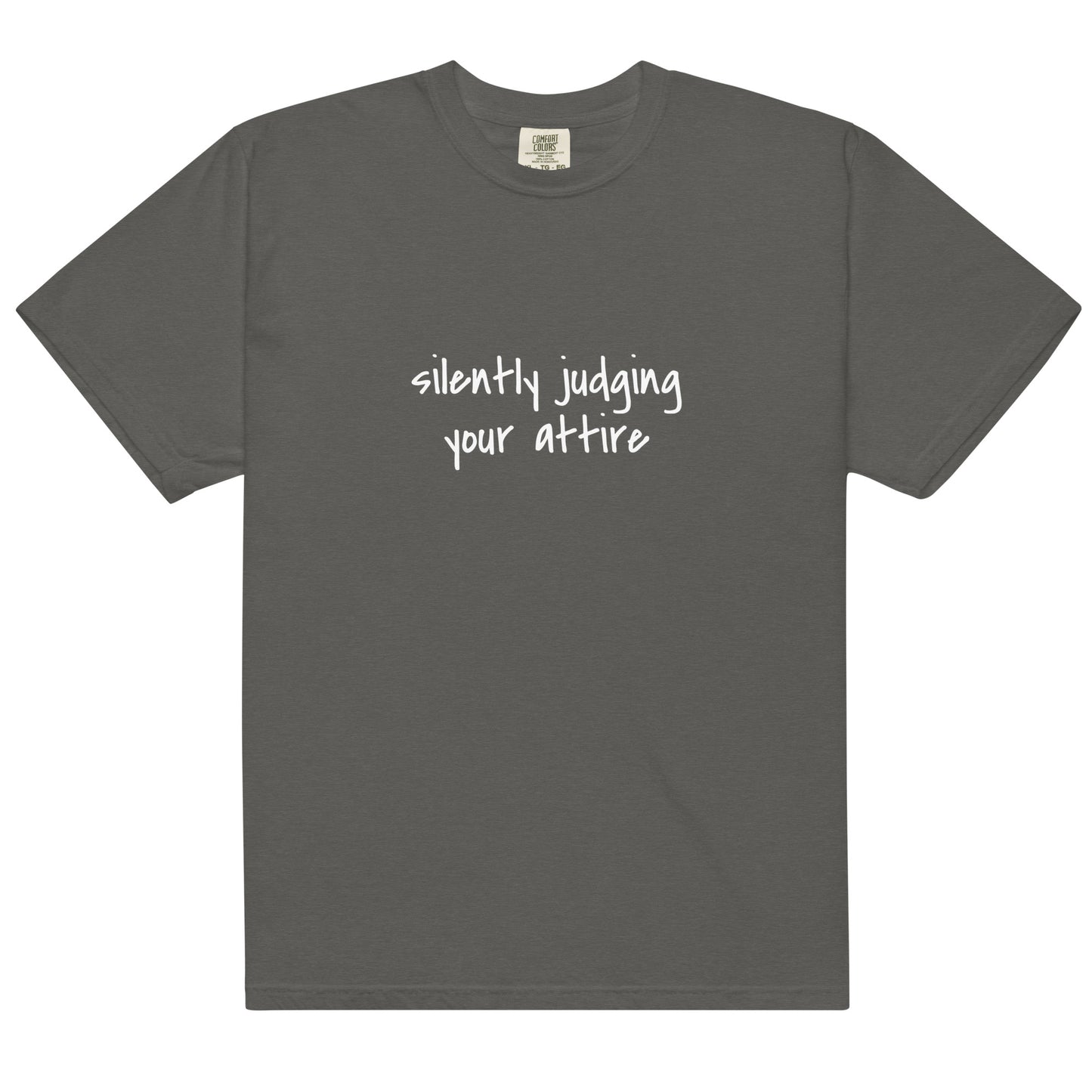 Unisex garment-dyed heavyweight T-shirt in pepper color, featuring a simple front view and casual style by wayward.biz.