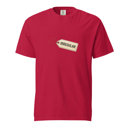 Unisex garment-dyed heavyweight red T-shirt by wayward.biz, front view showing soft fabric and casual fit.