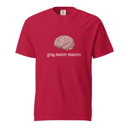 Gray Matter Matters unisex garment-dyed heavyweight t-shirt in dark gray, shown front view with red graphic design.