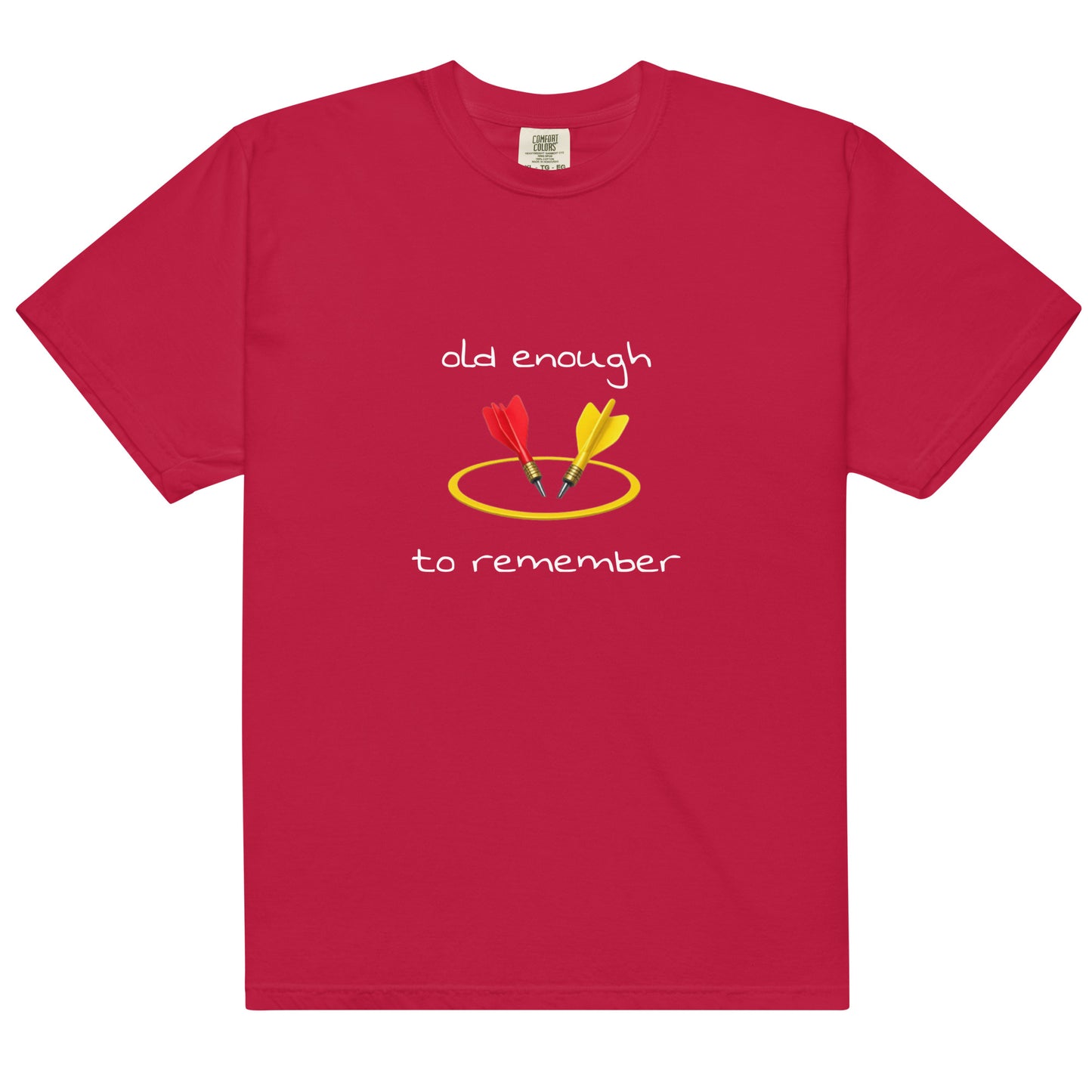 Unisex red heavyweight T-shirt with "Old enough to remember" print, garment-dyed by Wayward.biz, front view.