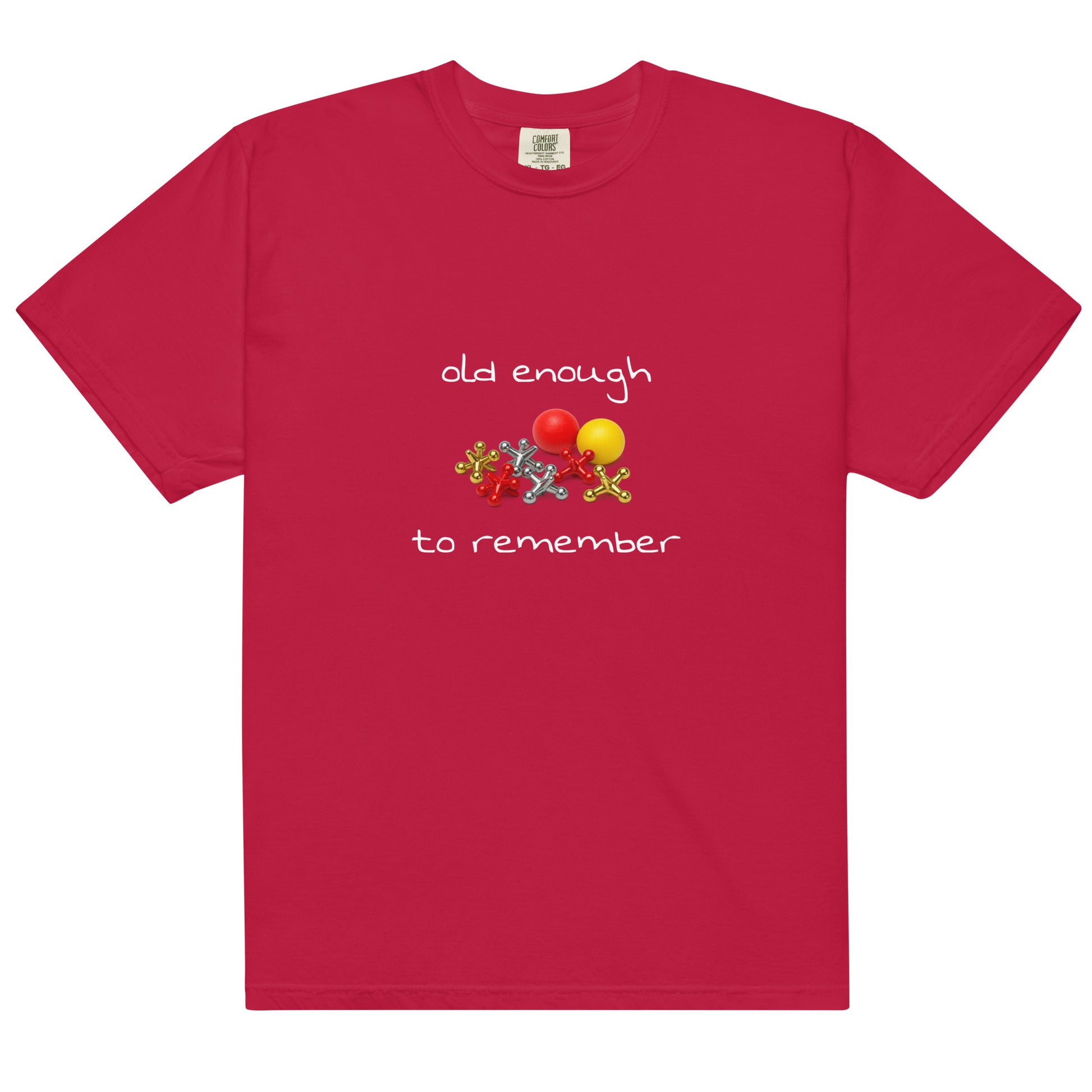 Unisex red heavy-weight garment-dyed T-shirt with "Old enough to remember" print, from Wayward.biz.