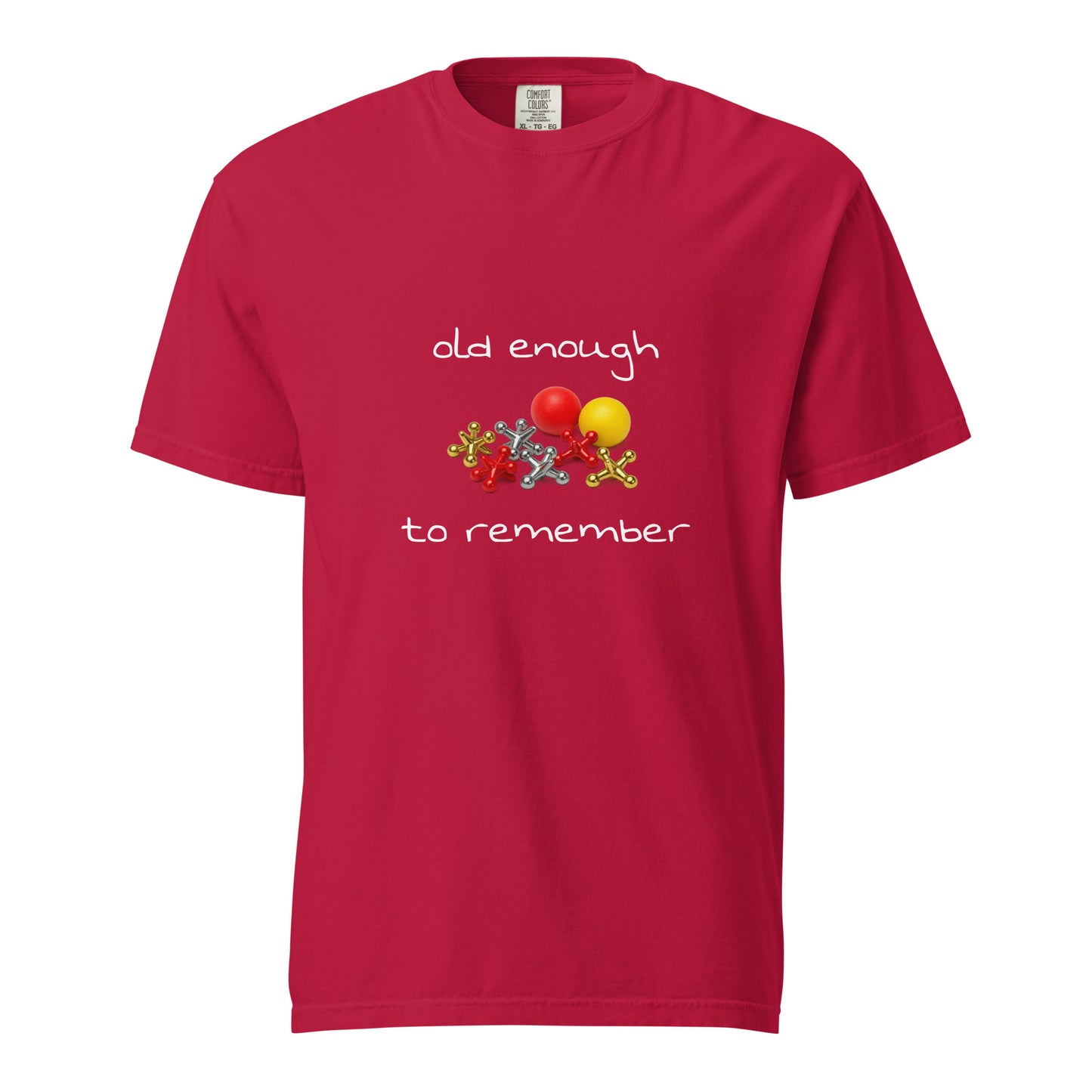 Unisex red garment-dyed heavyweight T-shirt with "Old enough to remember" print, from Wayward.biz, front view.