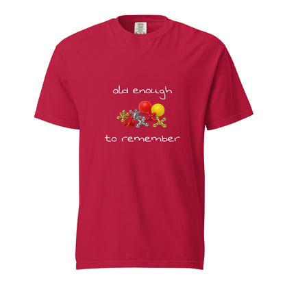 Unisex red garment-dyed heavyweight T-shirt with "Old enough to remember" print, from Wayward.biz, front view.