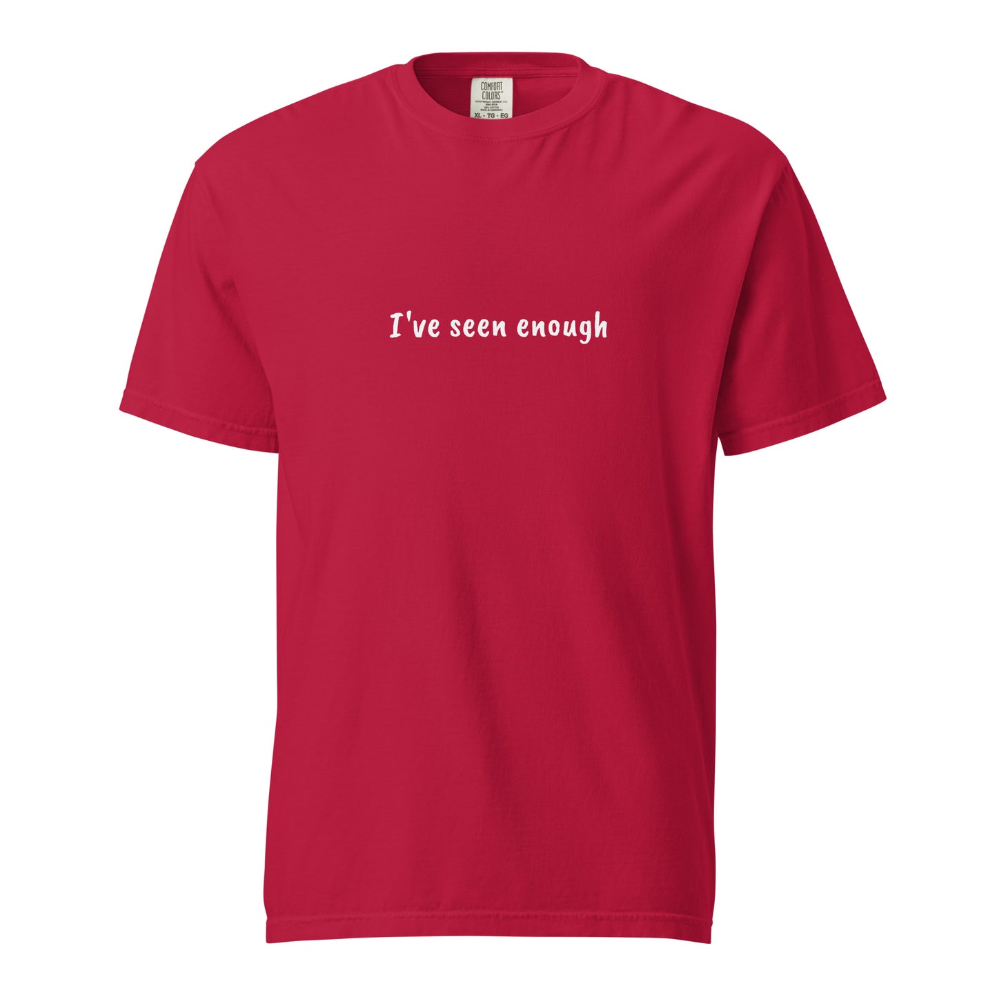Unisex garment-dyed heavyweight T-shirt in dark red with a front view, made by wayward.biz.