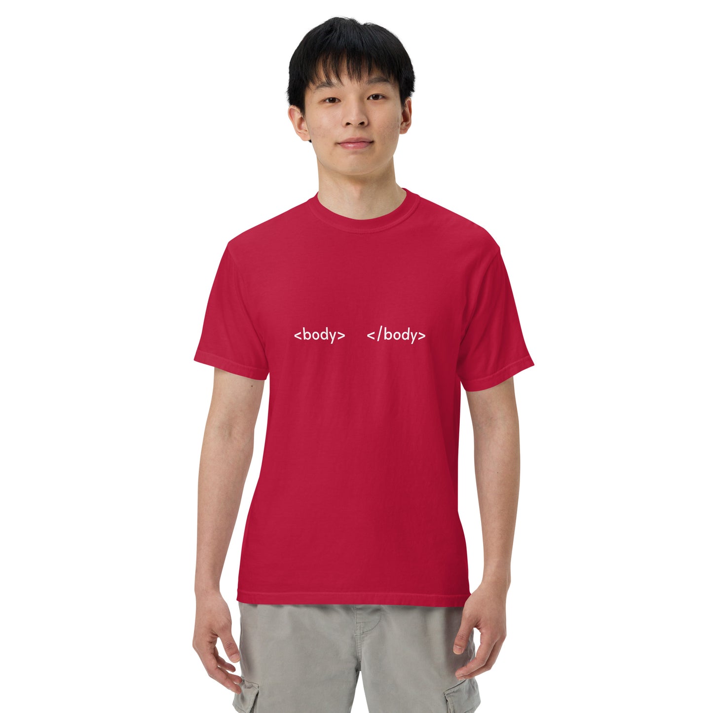 Unisex garment-dyed heavyweight T-shirt in red, featuring a classic fit and durable fabric, from wayward.biz.