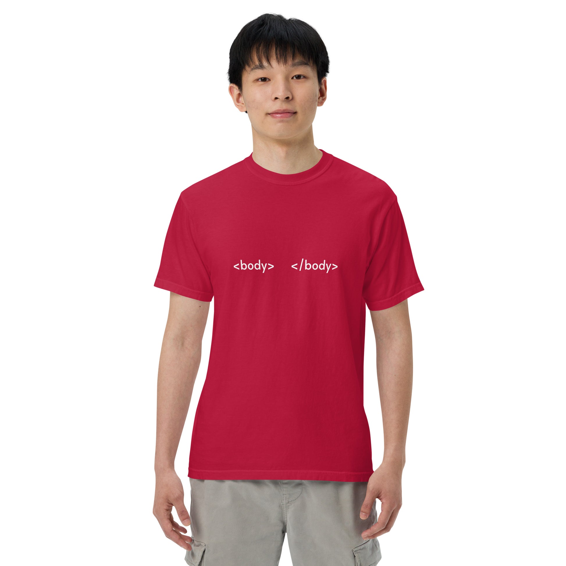 Unisex garment-dyed heavyweight T-shirt in red, featuring a classic fit and durable fabric, from wayward.biz.
