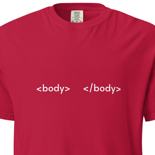 Unisex garment-dyed heavyweight T-shirt by wayward.biz in red, front view showcasing soft fabric and relaxed fit.