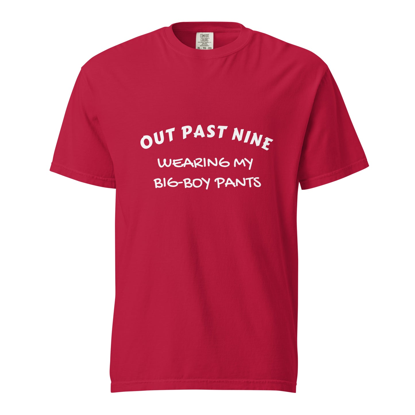 Unisex red heavyweight T-shirt from Out Past Nine, wearing my big-boy pants, garment-dyed for a soft, durable finish.