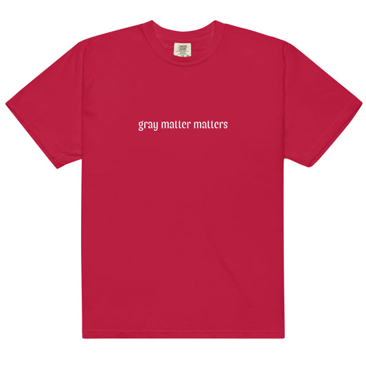 Unisex gray garment-dyed heavyweight t-shirt with dark color and front design, made by Wayward.biz.