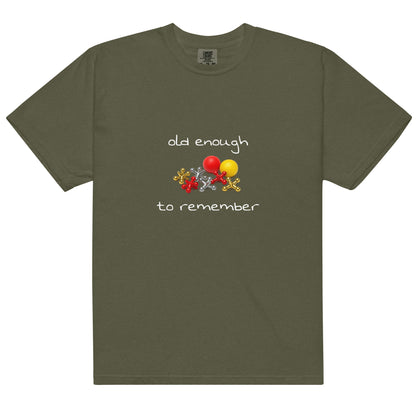 Unisex garment-dyed heavyweight T-shirt in sage color with "Old enough to remember" print, from wayward.biz.