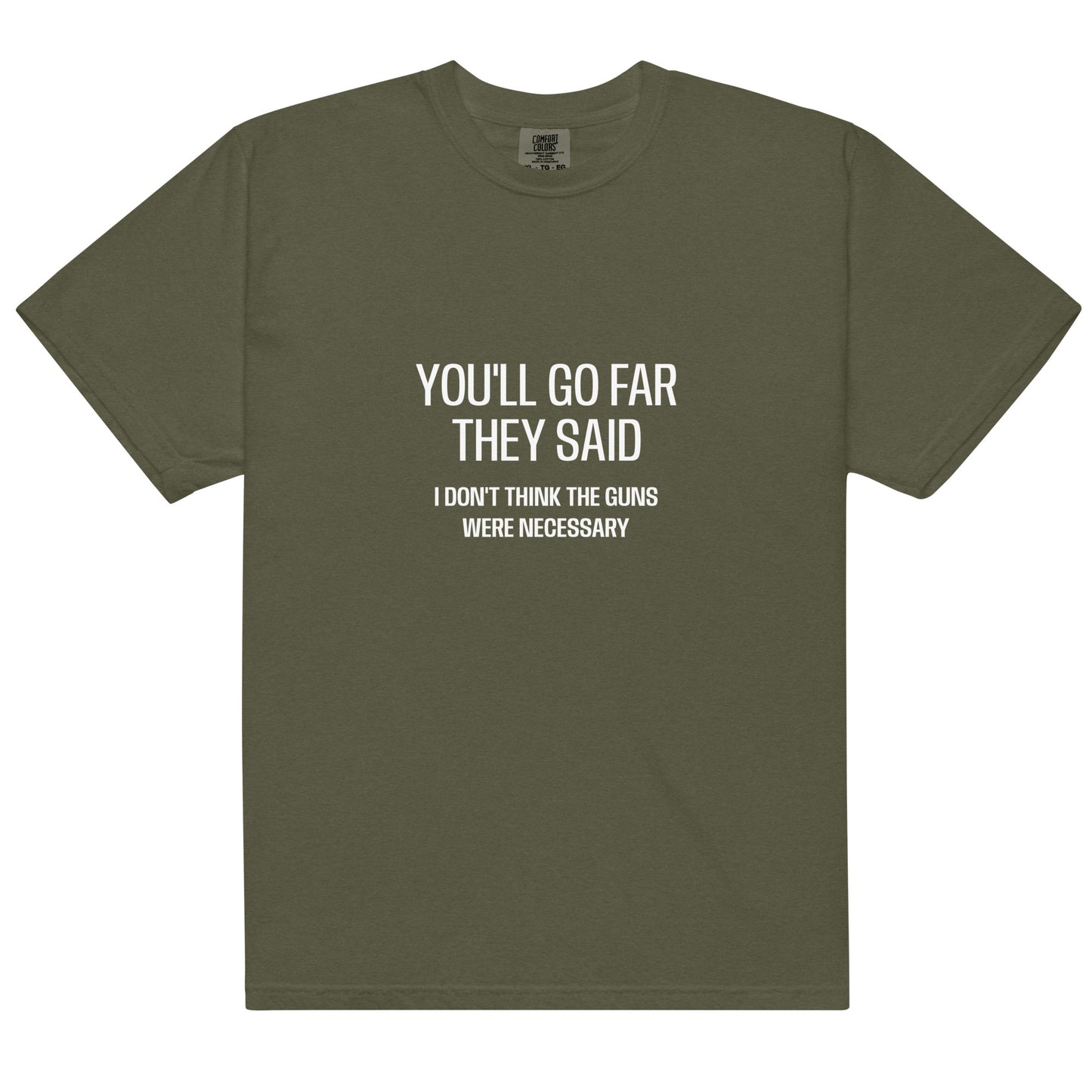 Unisex garment-dyed heavyweight T-shirt in sage color with a front view, showcasing a casual, comfortable fit from wayward.biz.