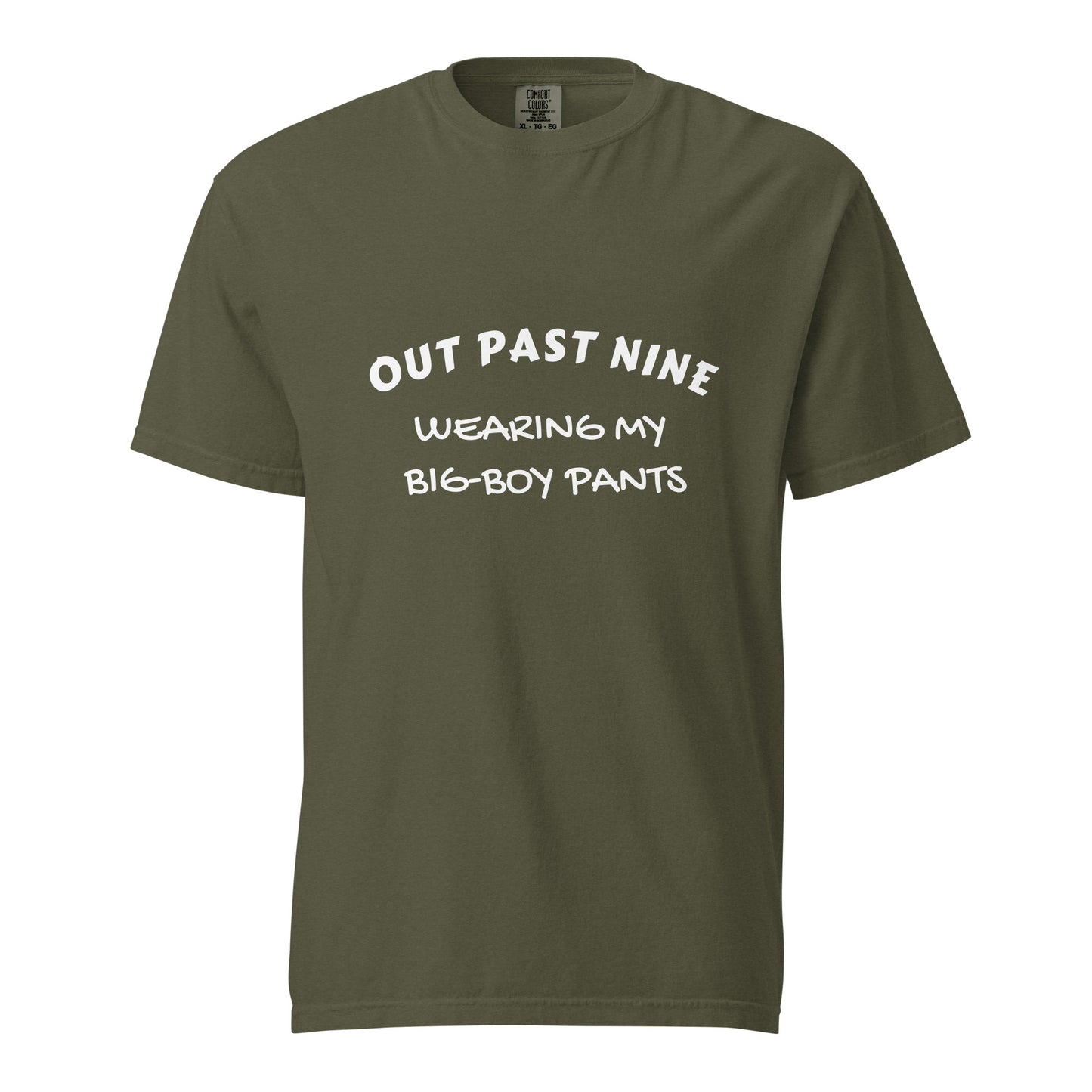 Unisex garment-dyed heavyweight T-shirt from Out Past Nine, featuring a sage color and casual fit.