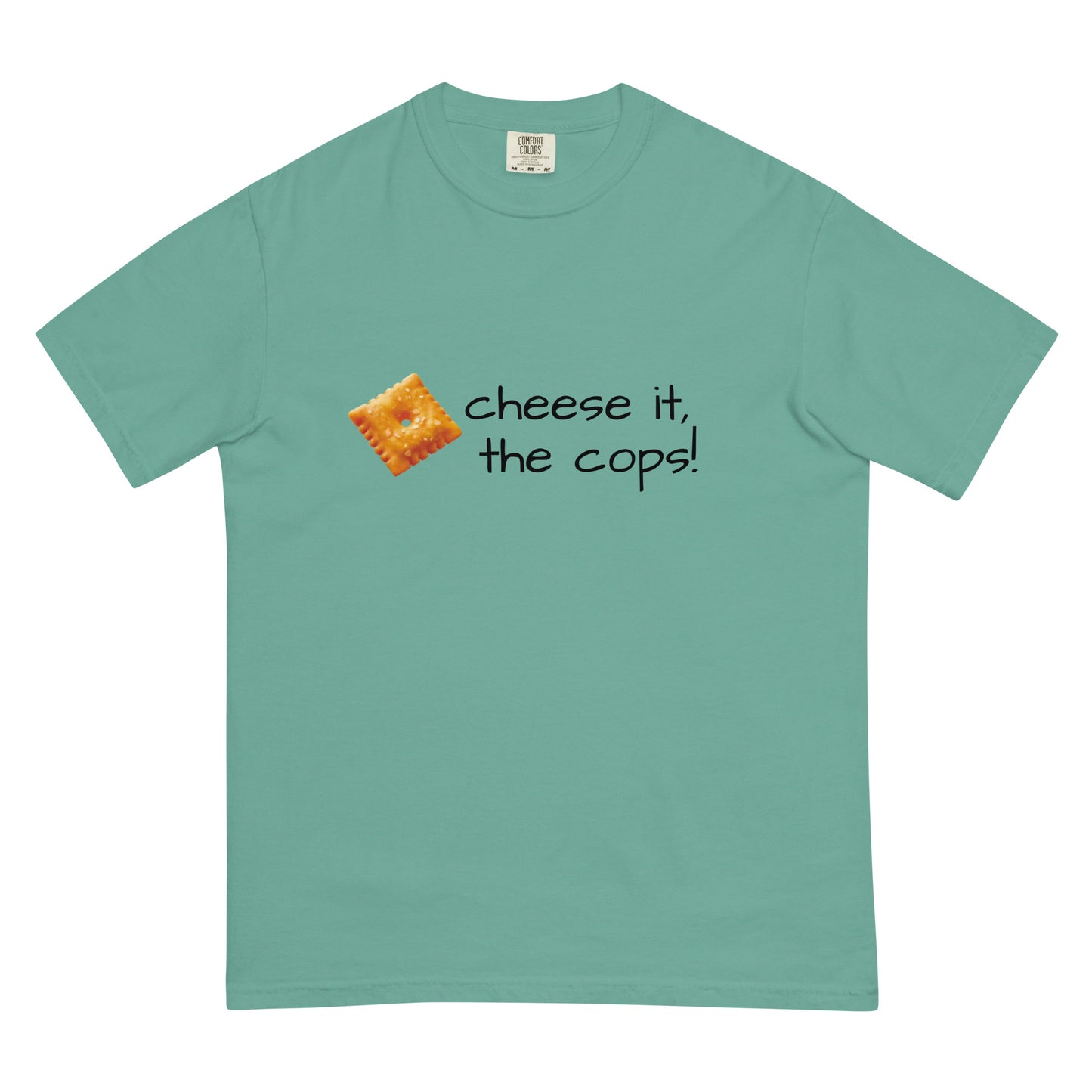 Unisex garment-dyed heavyweight T-shirt from Cheese it, the cops! in seafoam with a front graphic design, by wayward.biz.