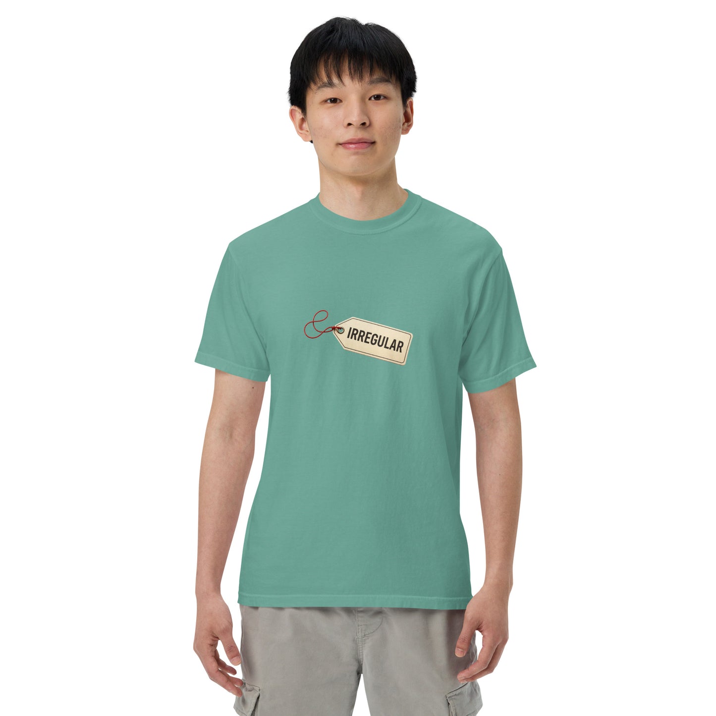 Unisex garment-dyed heavyweight T-shirt in seafoam color with a front view, made by wayward.biz.