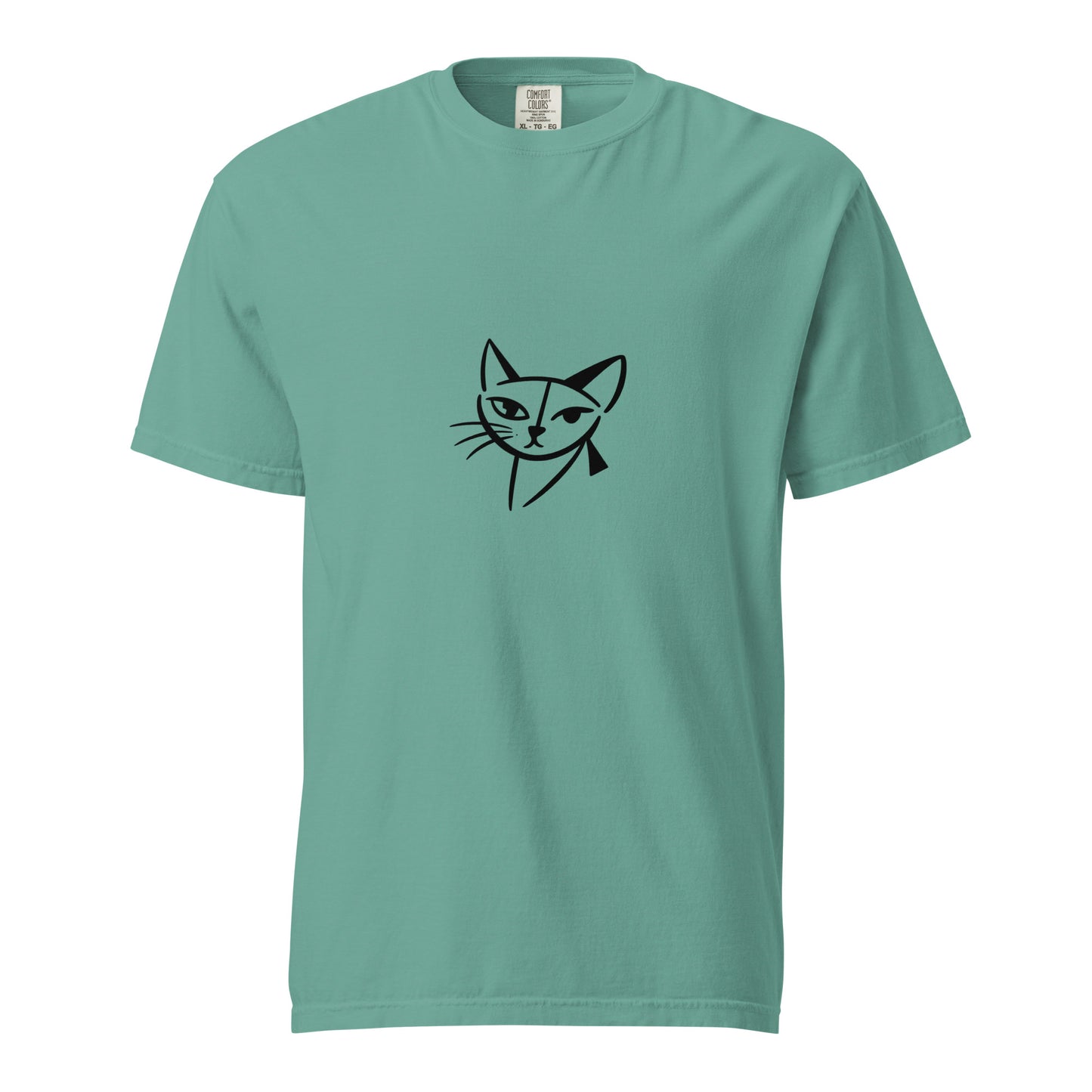 Seafoam unisex garment-dyed heavyweight T-shirt with feline face graphic from wayward.biz, front view showing soft fabric and design details.