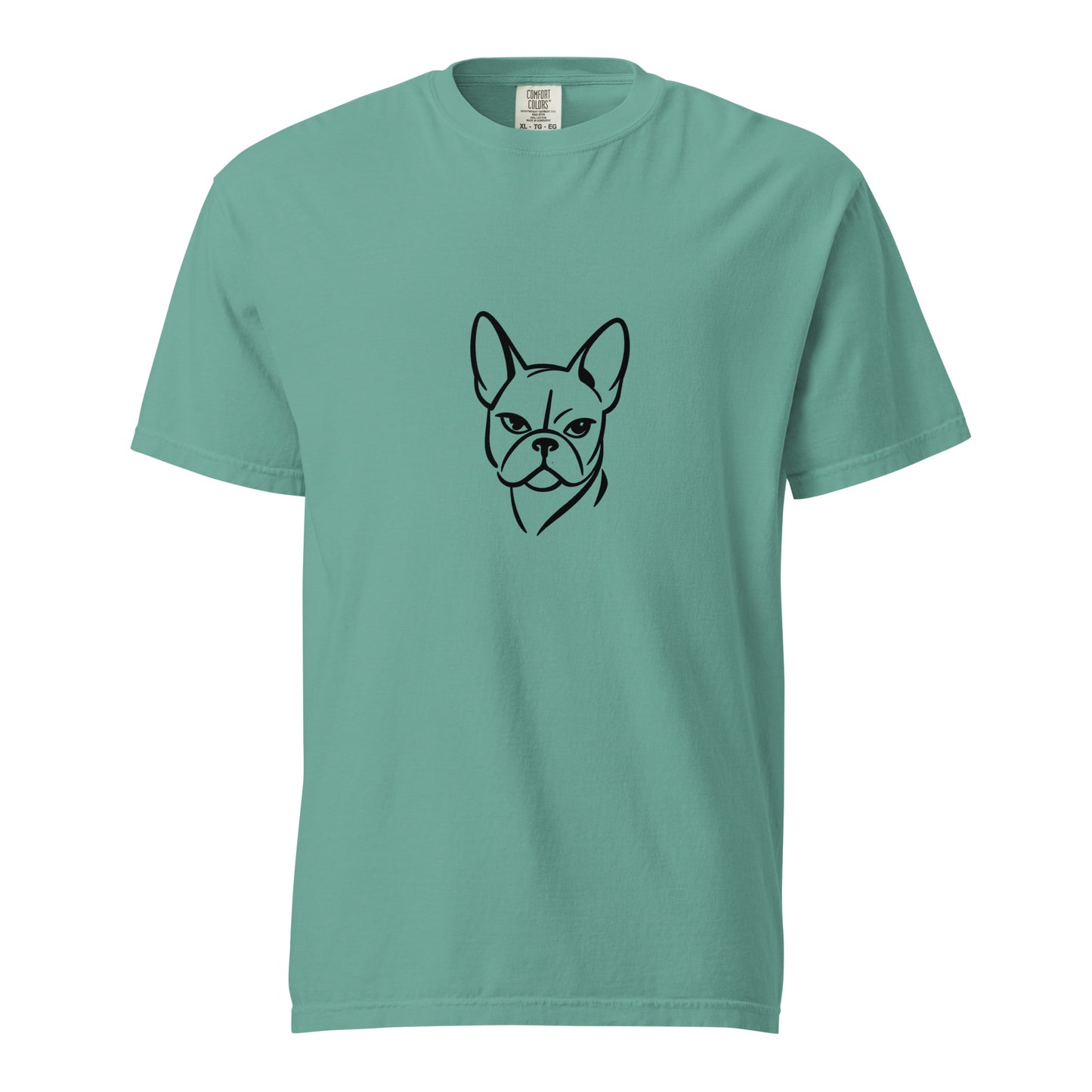 Unisex French Bulldog garment-dyed heavyweight T-shirt in seafoam color, shown from the front.