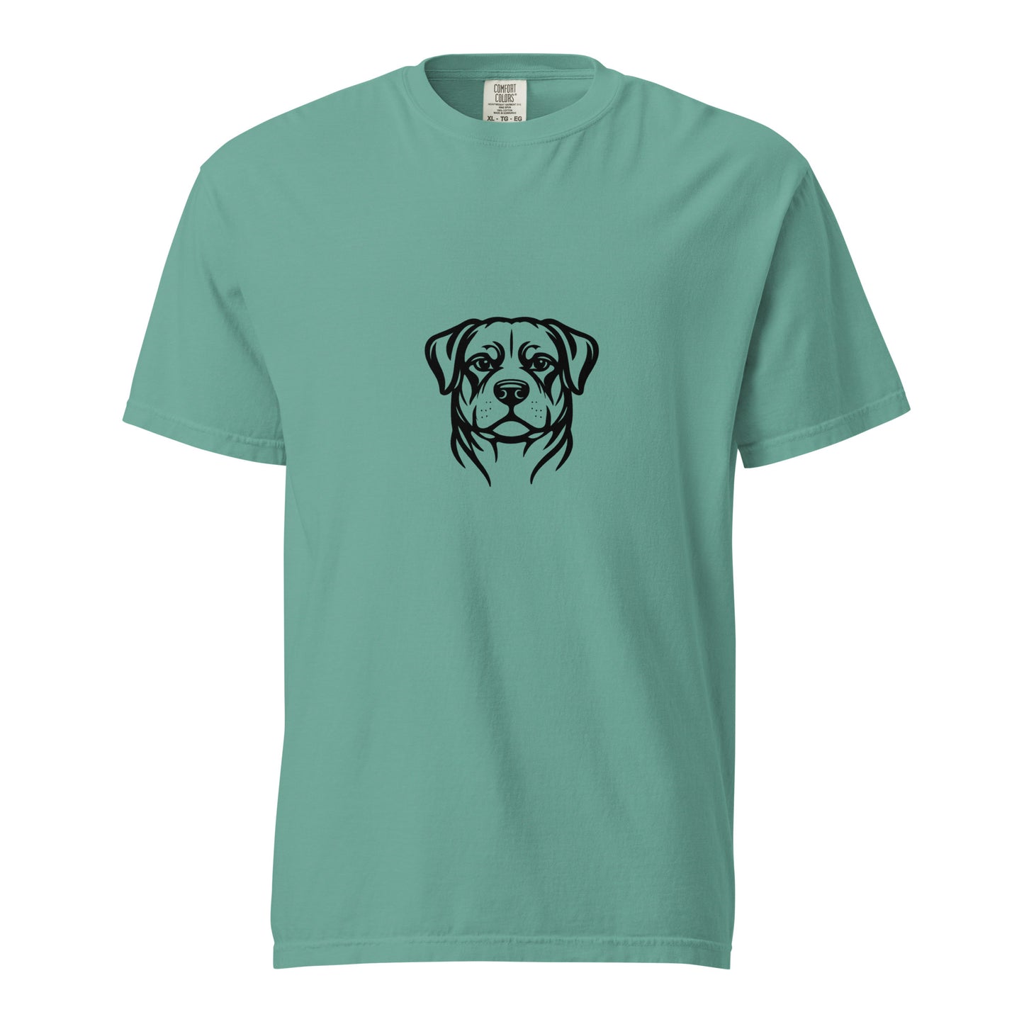 Unisex Rottweiler heavyweight garment-dyed T-shirt in seafoam color, front view, made by wayward.biz.