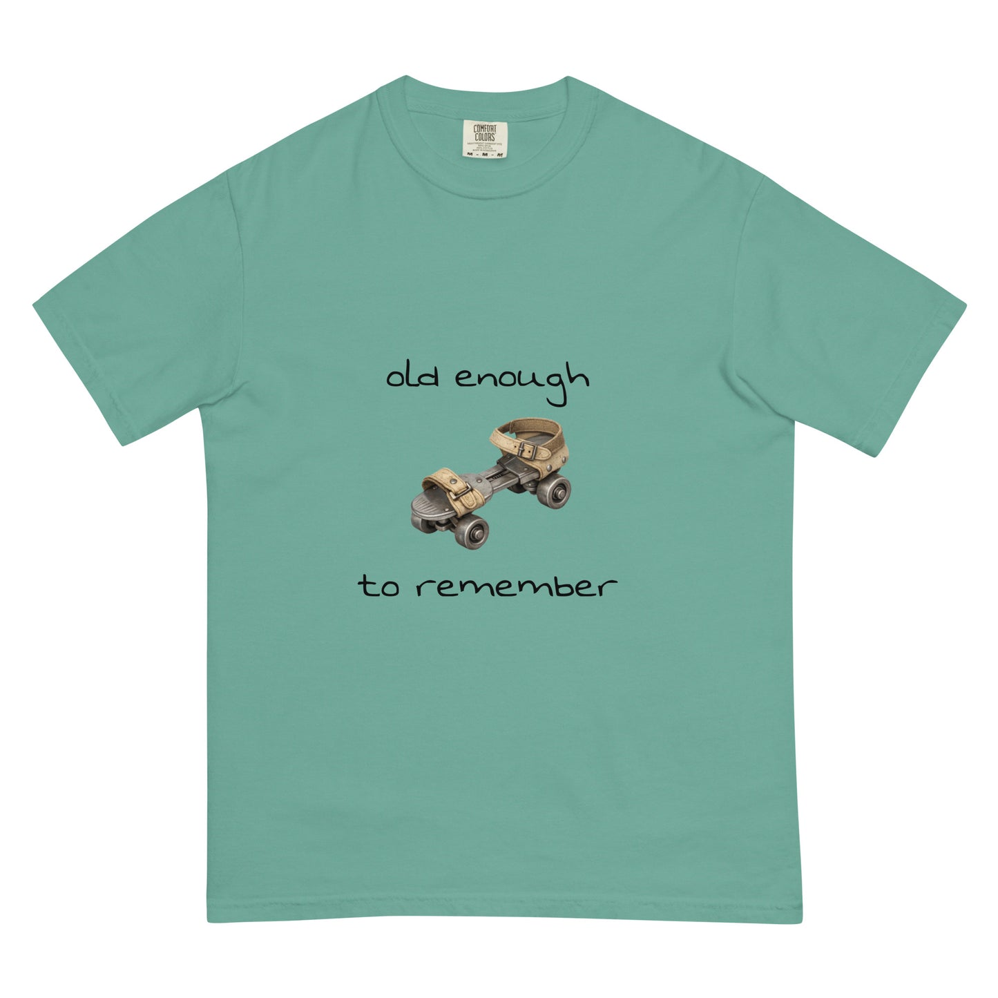 Unisex steel roller skates graphic T-shirt in seafoam, heavyweight garment-dyed fabric, casual style by wayward.biz