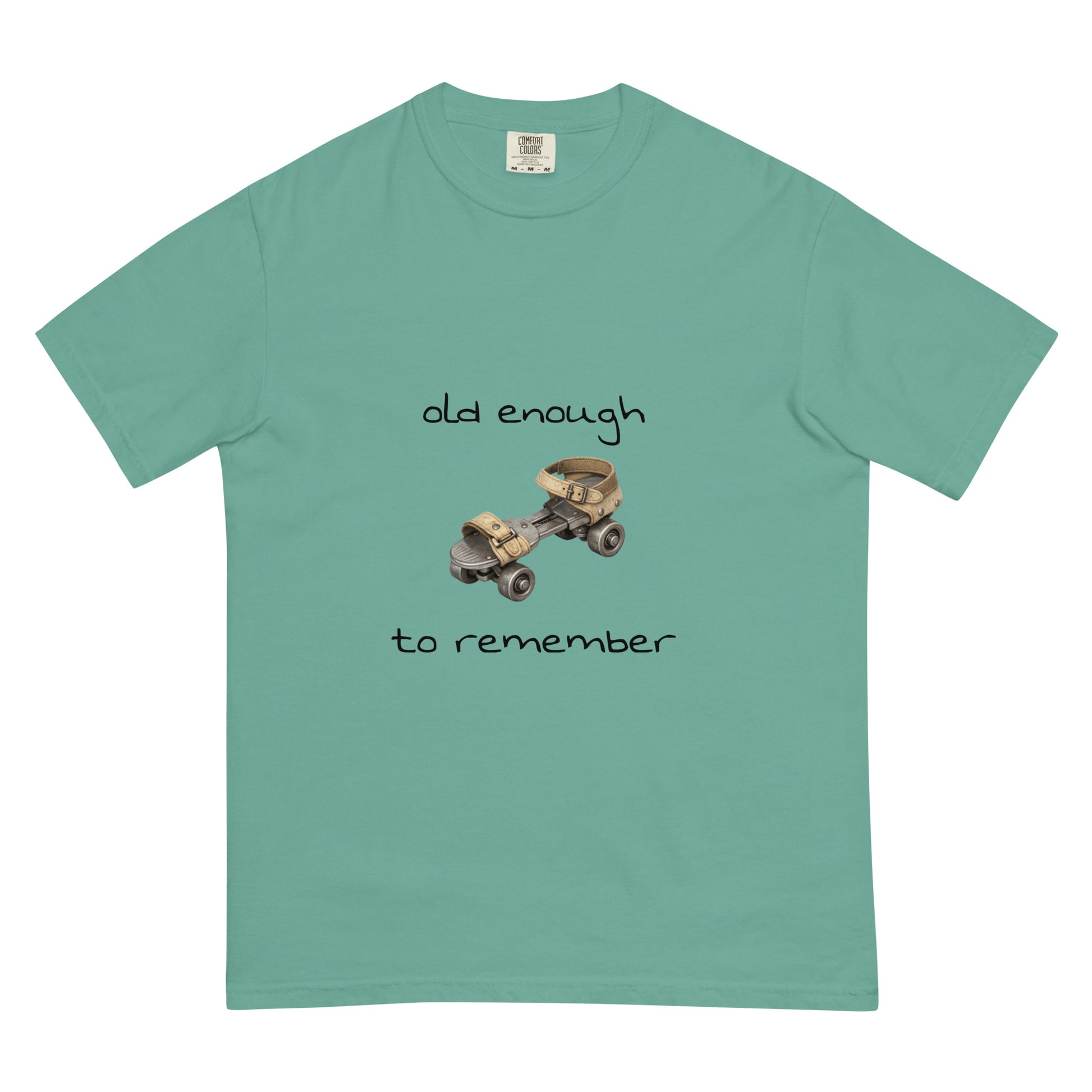 Unisex steel roller skates graphic T-shirt in seafoam, heavyweight garment-dyed fabric, casual style by wayward.biz