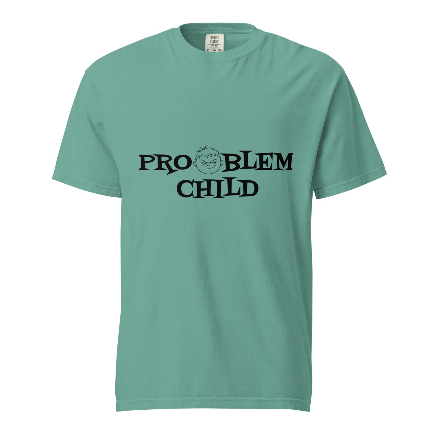 Unisex garment-dyed heavyweight T-shirt from Problem Child in seafoam color, showing the front view.