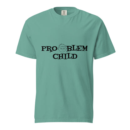 Unisex garment-dyed heavyweight T-shirt from Problem Child in seafoam color, showing the front view.