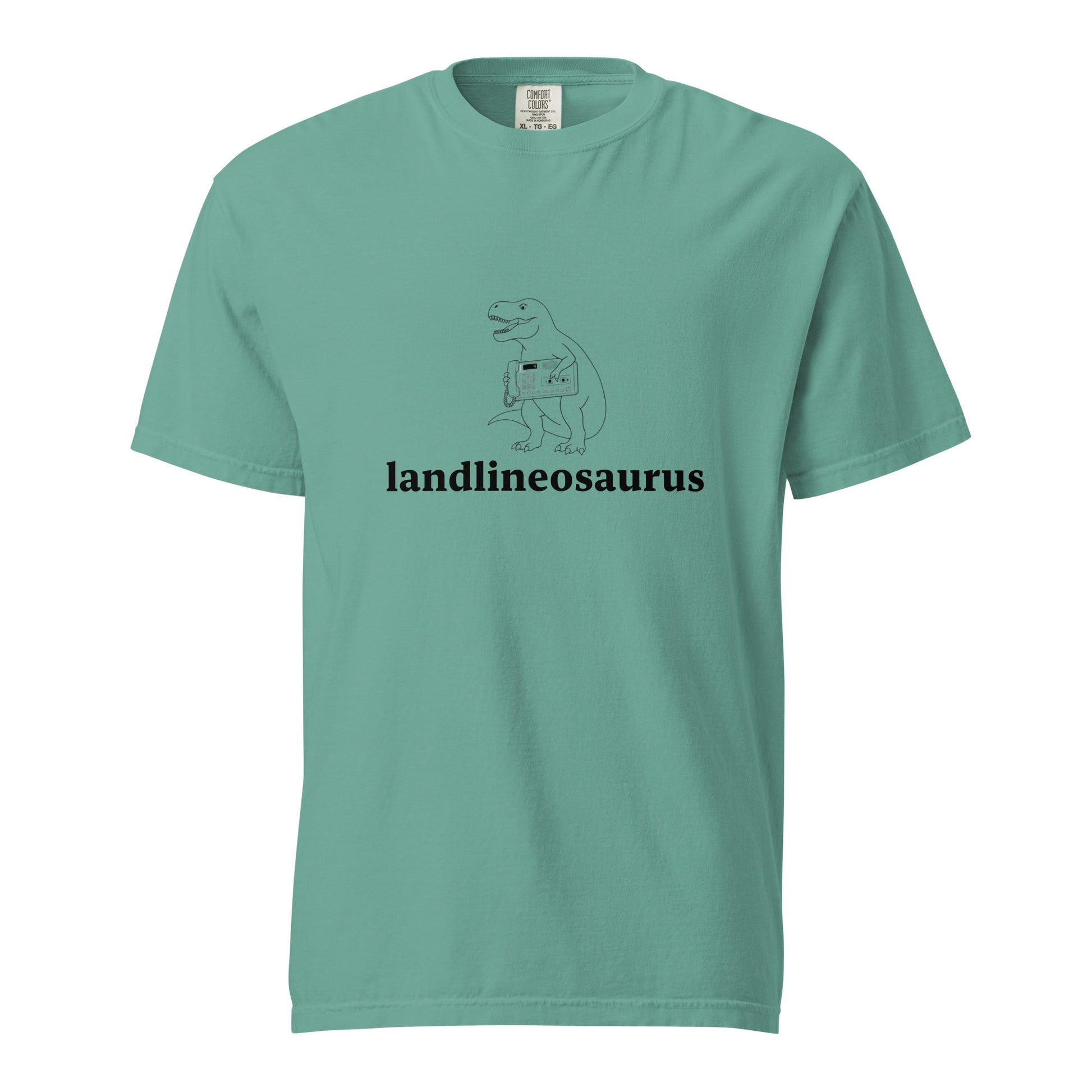 Unisex Landlineosaurus heavyweight garment-dyed T-shirt in seafoam color, front view showing soft, durable fabric and casual fit.