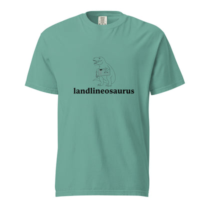 Unisex Landlineosaurus heavyweight garment-dyed T-shirt in seafoam color, front view showing soft, durable fabric and casual fit.