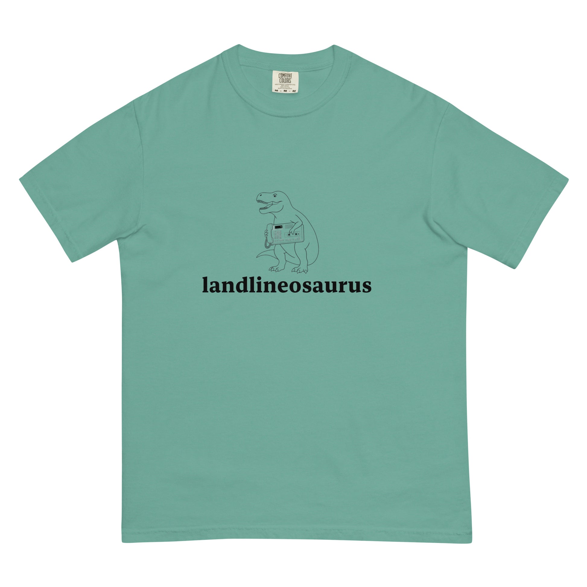 Seafoam Landlineosaurus unisex heavyweight garment-dyed T-shirt by wayward.biz, front view showing soft fabric and relaxed fit.