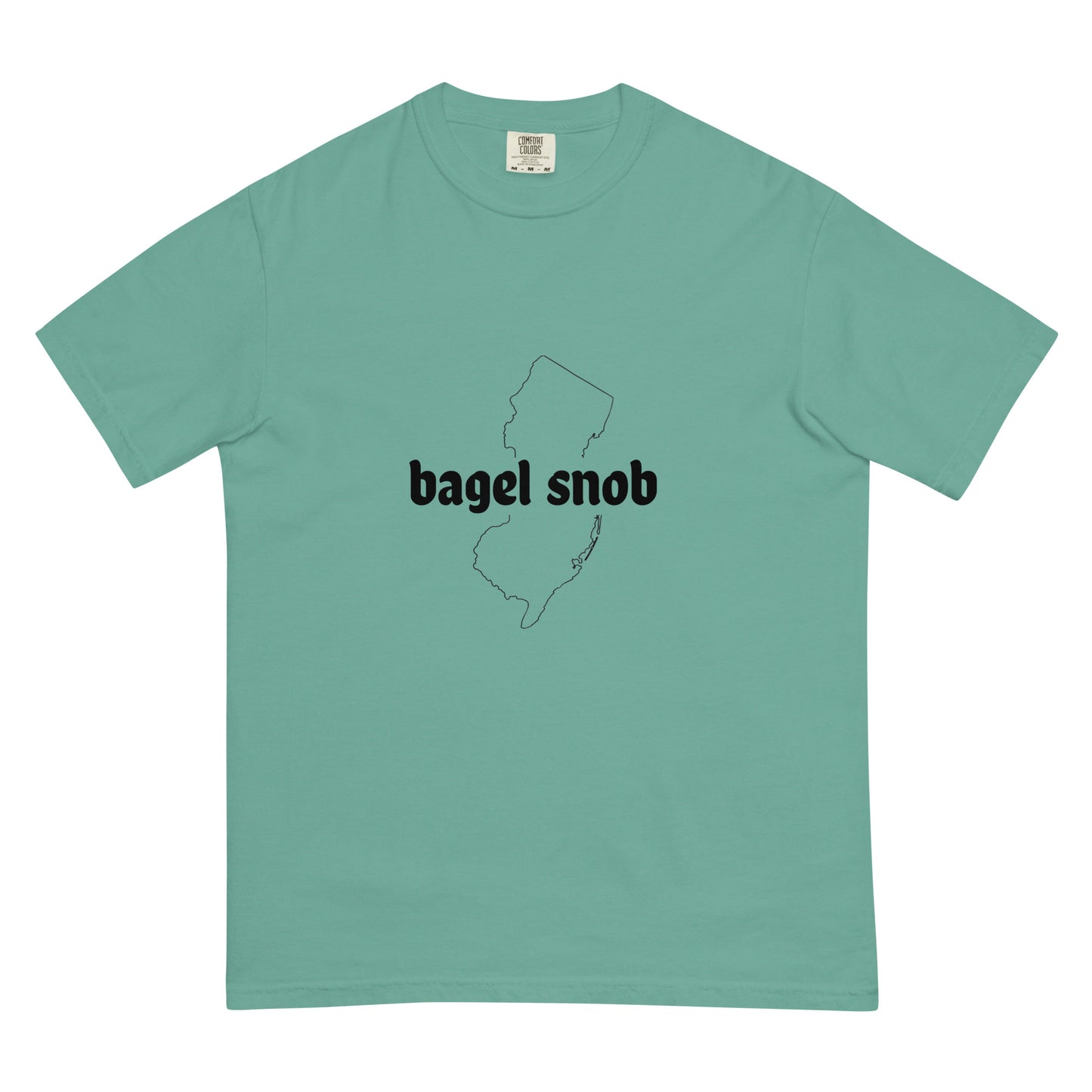 Unisex garment-dyed heavyweight T-shirt in seafoam color by Bagel Snob, featuring a front view and casual fit.