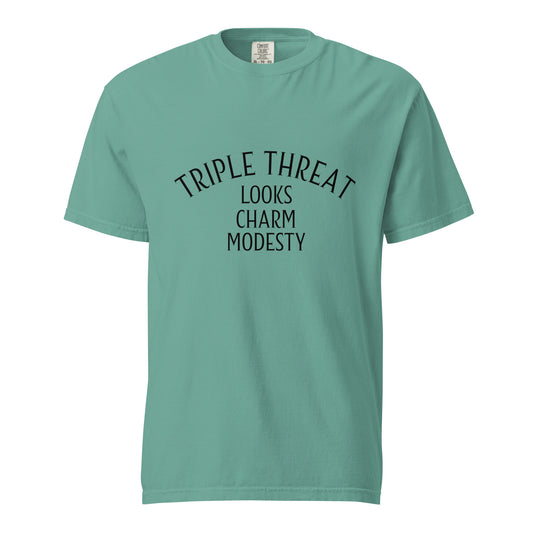 Wayward.biz Triple Threat Looks Charm Modesty unisex heavyweight garment-dyed T-shirt in seafoam, front view showing soft fabric and fit.
