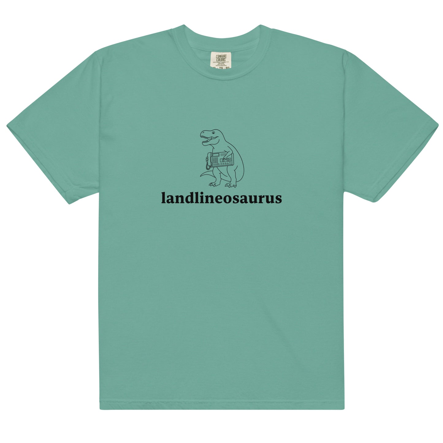 Wayward.biz Landlineosaurus unisex garment-dyed heavyweight T-shirt in seafoam, front view showing soft fabric and relaxed fit.