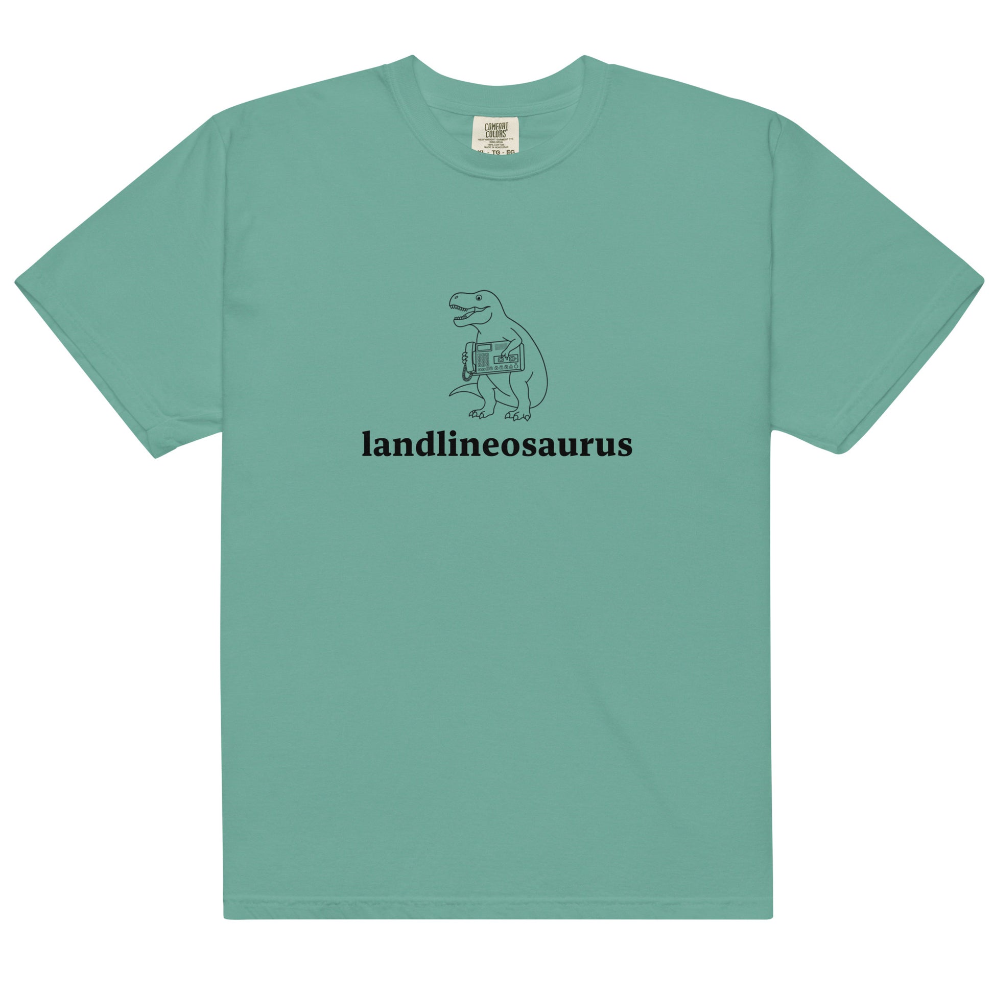 Wayward.biz Landlineosaurus unisex garment-dyed heavyweight T-shirt in seafoam, front view showing soft fabric and relaxed fit.