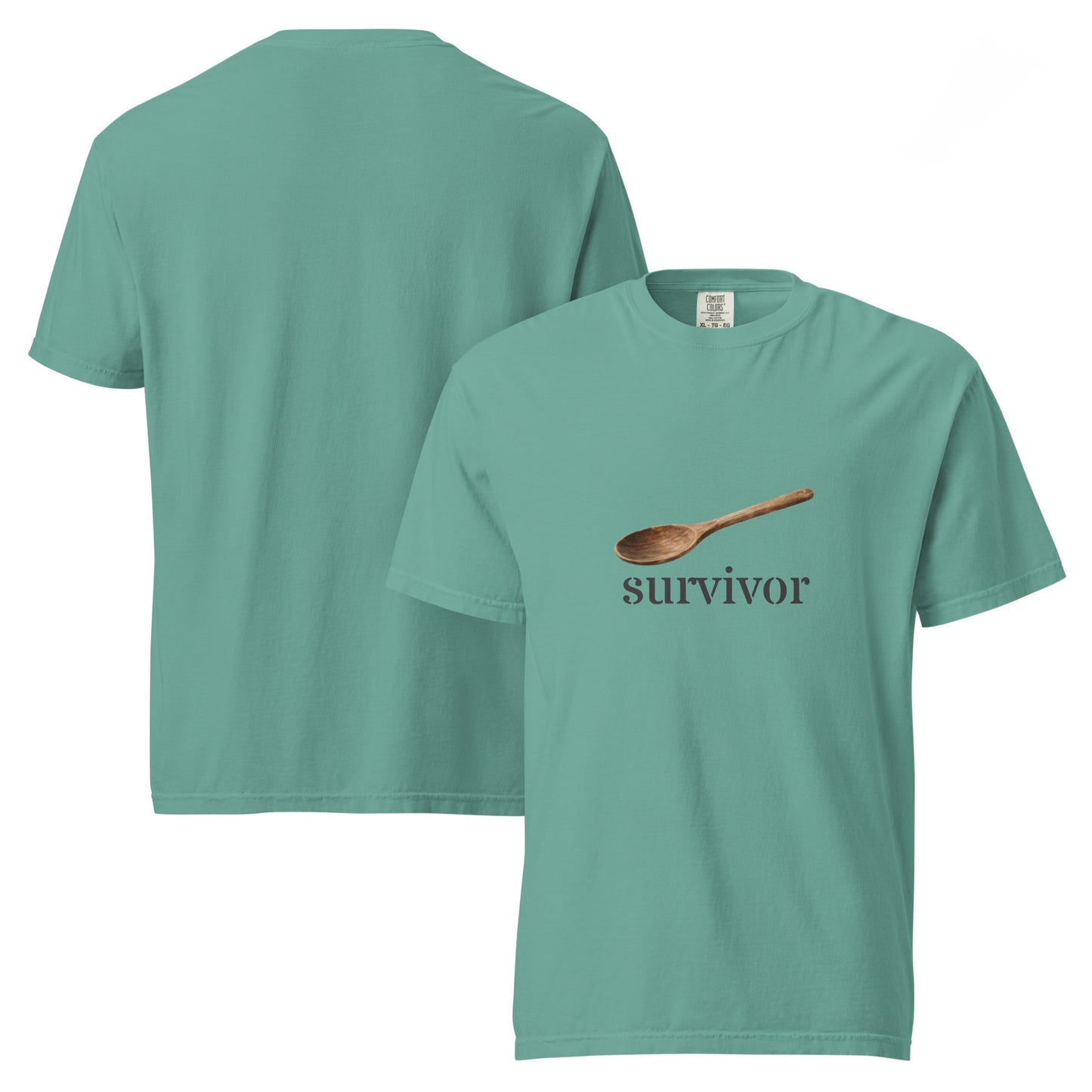Seafoam heavyweight unisex wooden spoon survivor T-shirt by wayward.biz, front and back view with garment-dyed fabric.