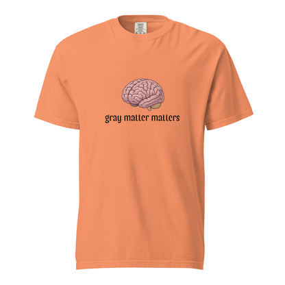 Gray Matter Matters unisex garment-dyed heavyweight T-shirt in light gray, front view showing soft, durable fabric and classic fit.
