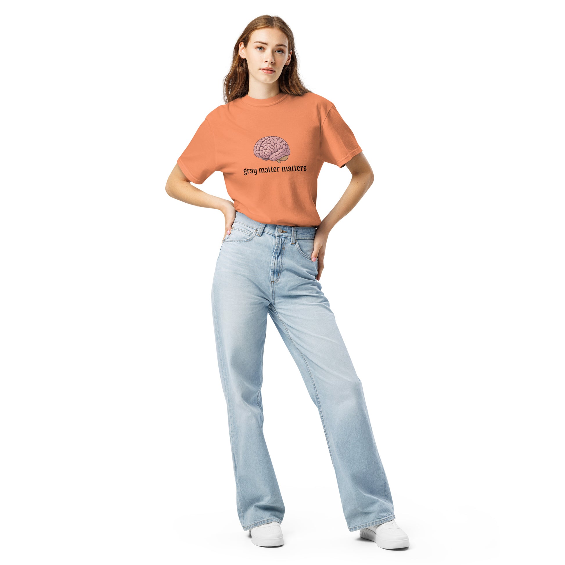 Gray Matter Matters unisex garment-dyed heavyweight T-shirt in light gray, front view showcasing soft fabric and relaxed fit.