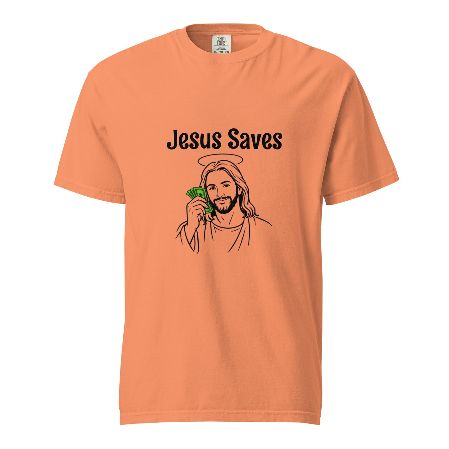 Unisex Jesus Saves heavyweight garment-dyed t-shirt in terracotta, featuring bold front graphic design.