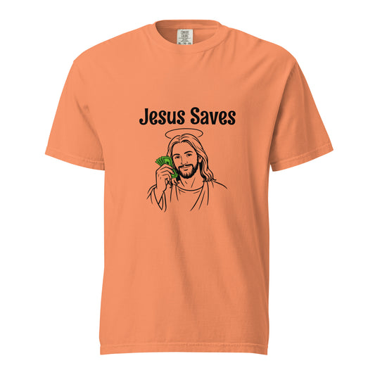 Unisex Jesus Saves heavyweight garment-dyed t-shirt in terracotta, featuring bold front graphic design.