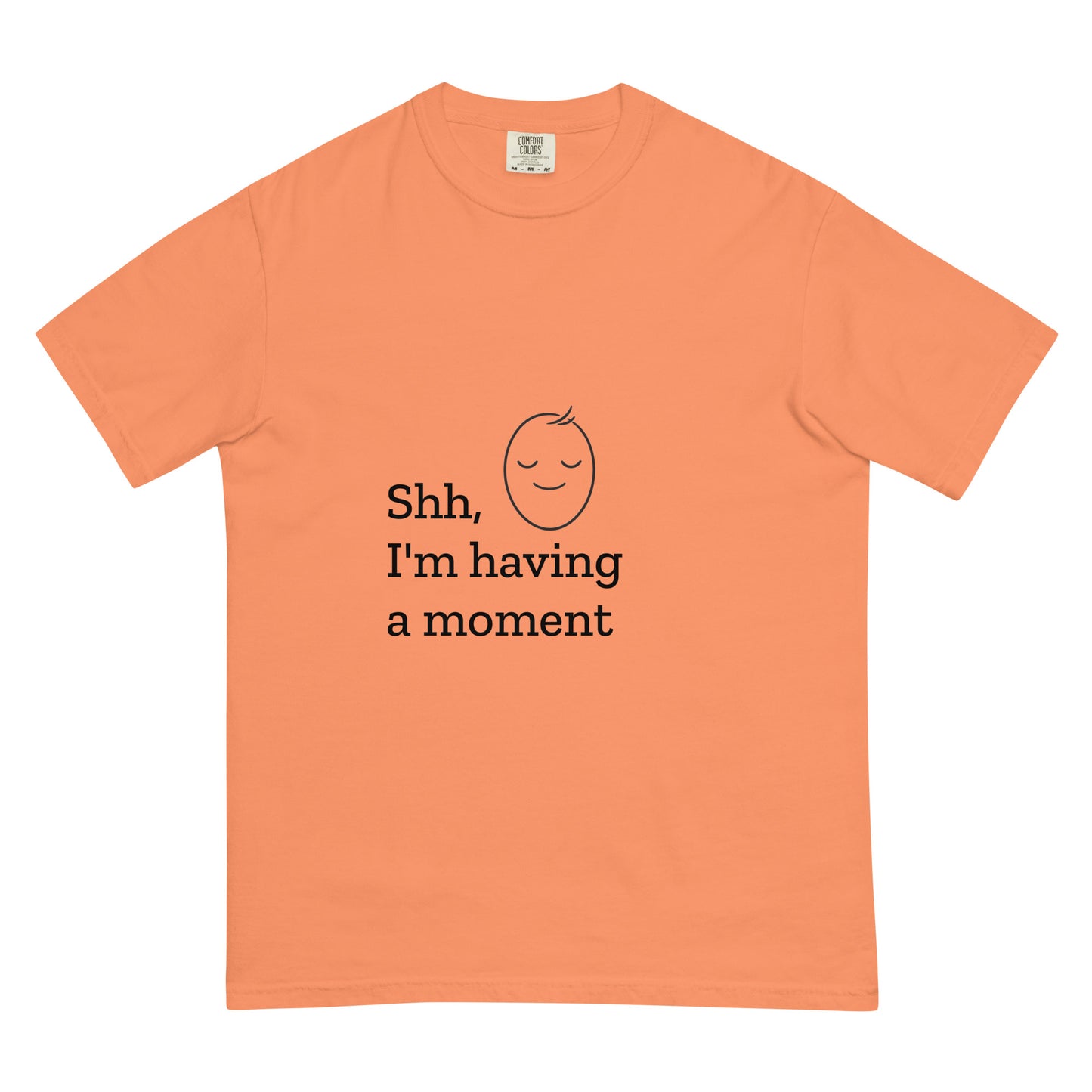 Unisex garment-dyed heavyweight terracotta T-shirt with "Shh, I'm having a moment" print, casual and comfortable style.