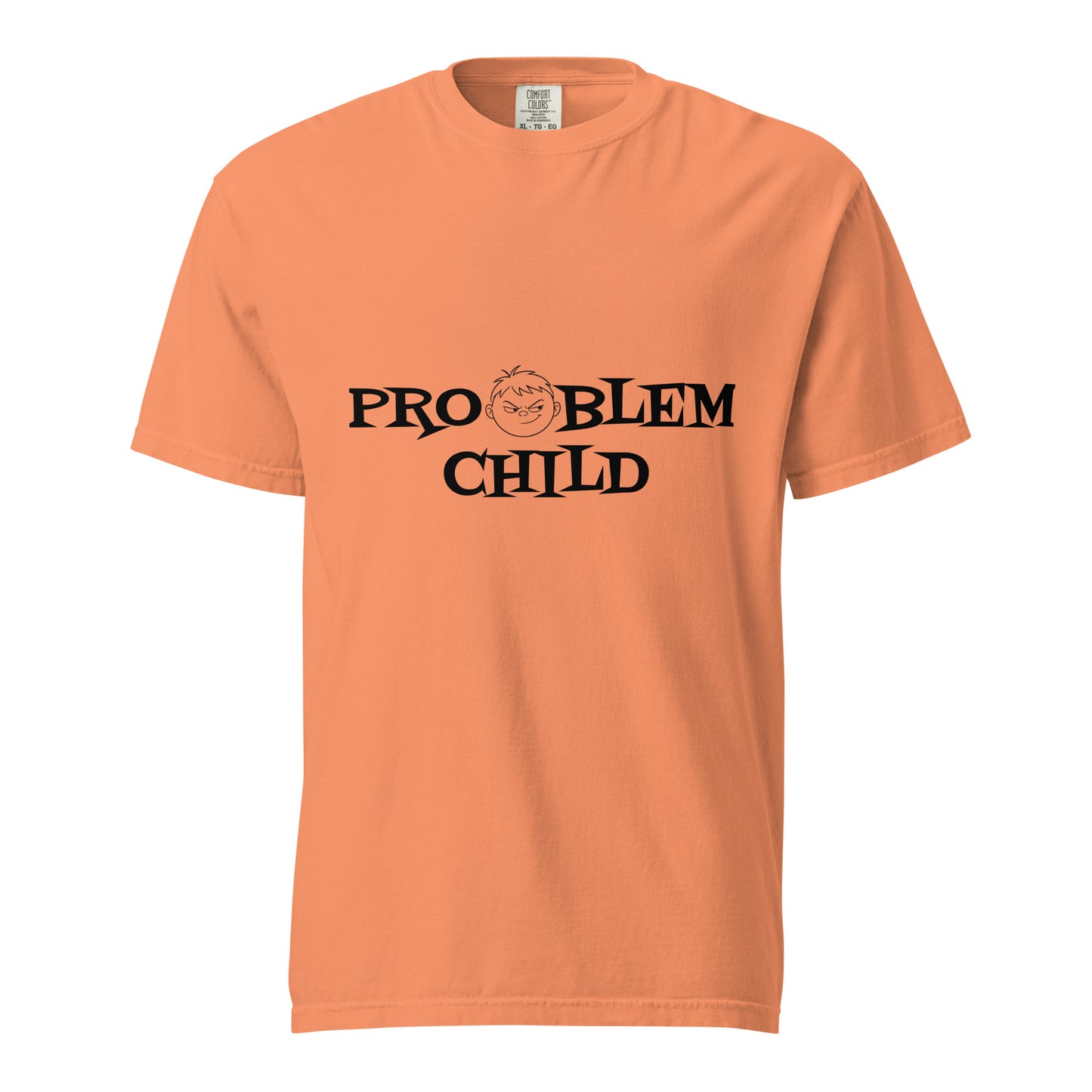 Unisex Problem Child heavy-weight garment-dyed T-shirt in terracotta color, front view showing soft, durable fabric.