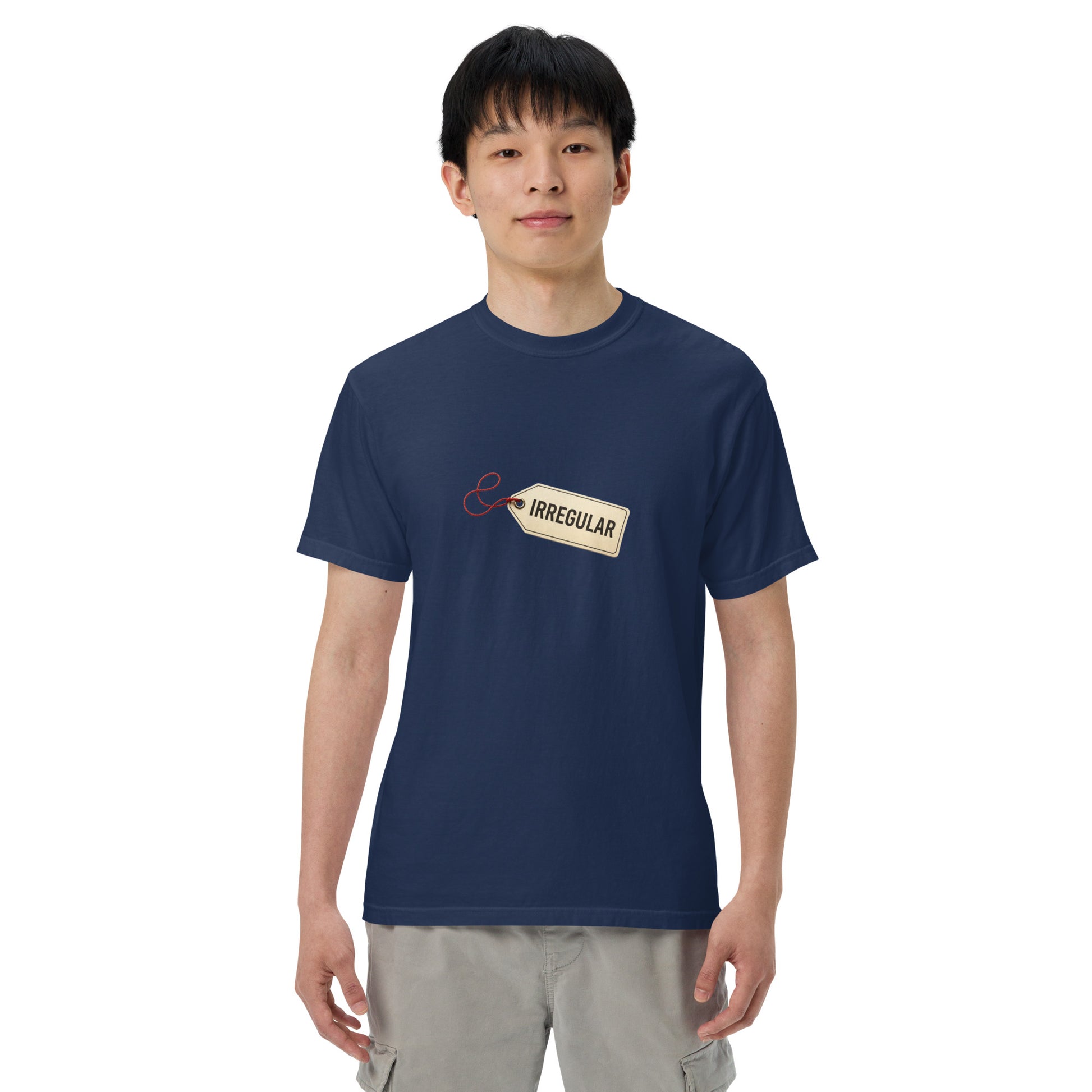 Unisex garment-dyed heavyweight T-shirt in true navy with a front design, made by wayward.biz.