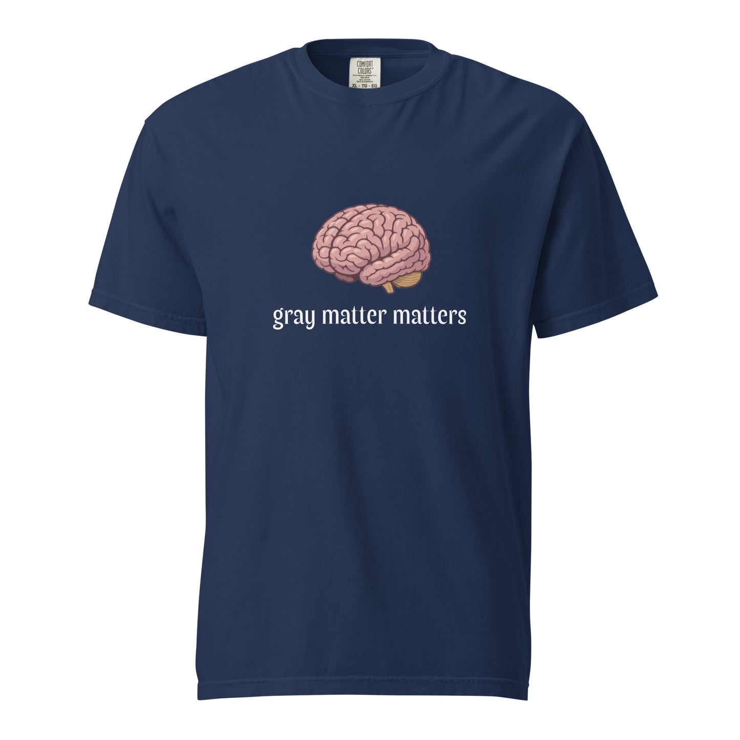 Gray Matter Matters unisex heavyweight garment-dyed T-shirt in dark navy, front view, soft fabric and relaxed fit.